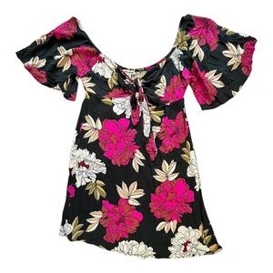 Billabong Floral Top/dress Off-Shoulder Black Vibrant Purple